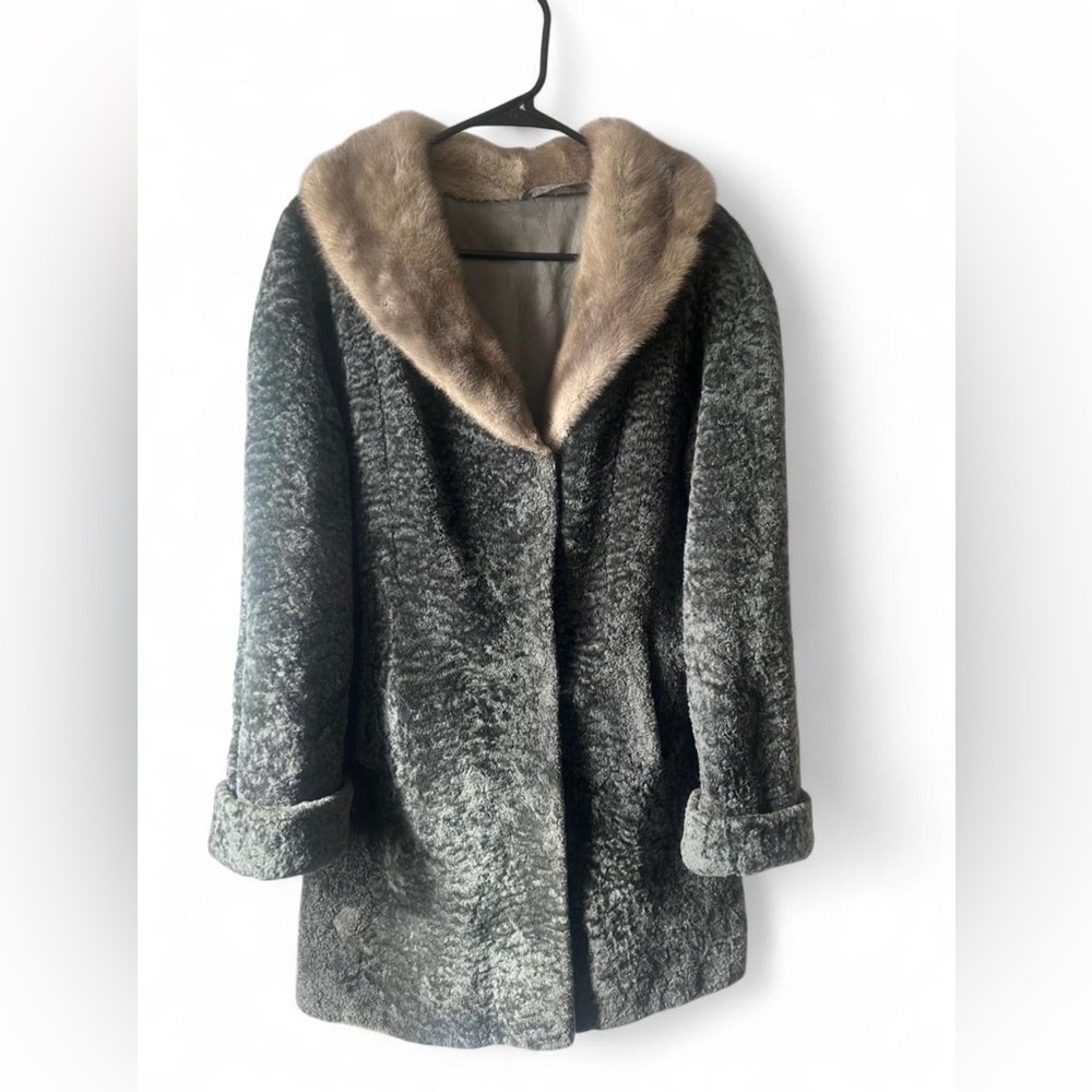 Vintage Gray Mouton Fur Coat Mink Collar Long Sheared Lamb Coat Old Hollywood